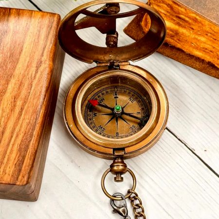 Brass Pocket Compass with Chain Nautical Collectible